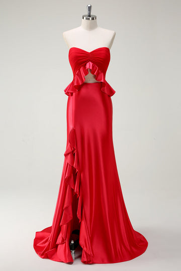 Robe de bal longue sirène rouge chérie avec fente